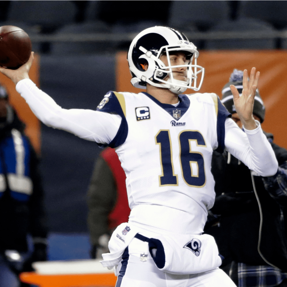 London, UK. 27 October 2019. Rams Quarterback, Jared Goff (16) throws a  pass during the NFL match Cincinnati Bengals v Los Angeles Rams at Wembley  Stadium, game 3 of this year's NFL