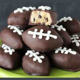 Chocolate-covered cookie dough footballs