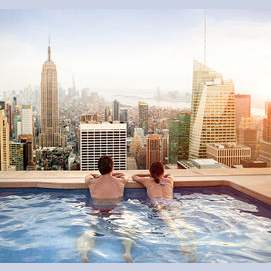 A hotel with a pool