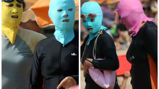 There's a new swimsuit craze in China, the "Face-kini", essentially a ski mask to keep your face safe from the sun's harmful rays while swimming. What do you think of them?