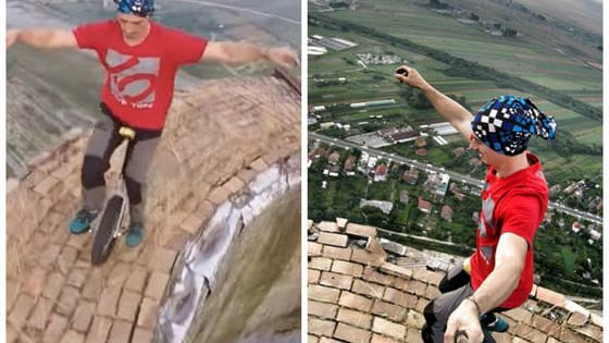 Flaviu Cernescu is a professional unicyclists, and he recently took on his biggest stunt yet- an 840-foot-tall chimney in Romania.