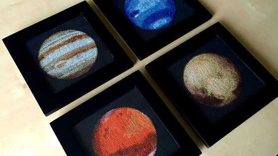 Each piece takes 3-4 weeks and is modeled after actual planetary photos.