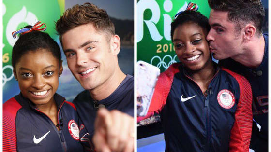 Simone Biles has a well-documented crush on Zac Efron, and Efron has been tweeting support for the gymnastics superstar, but now he's surprised her with a visit to Rio and a quick smooch!