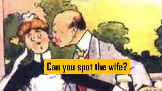 Whoops. This man doesn't know it yet, but he was just caught kissing the maid. Can you spot the wife that caught him in action? 