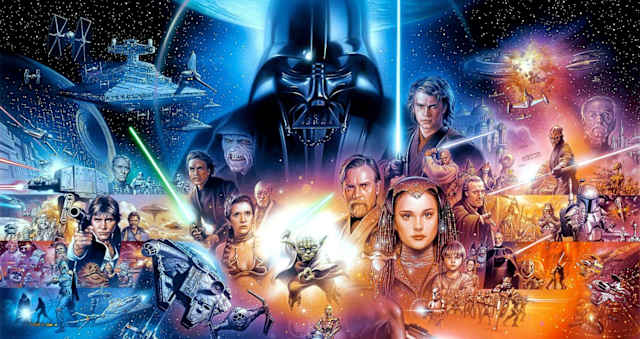 En la imagen se ven varios de los personajes de Star Wars y escenas de vistas en la trilogía.