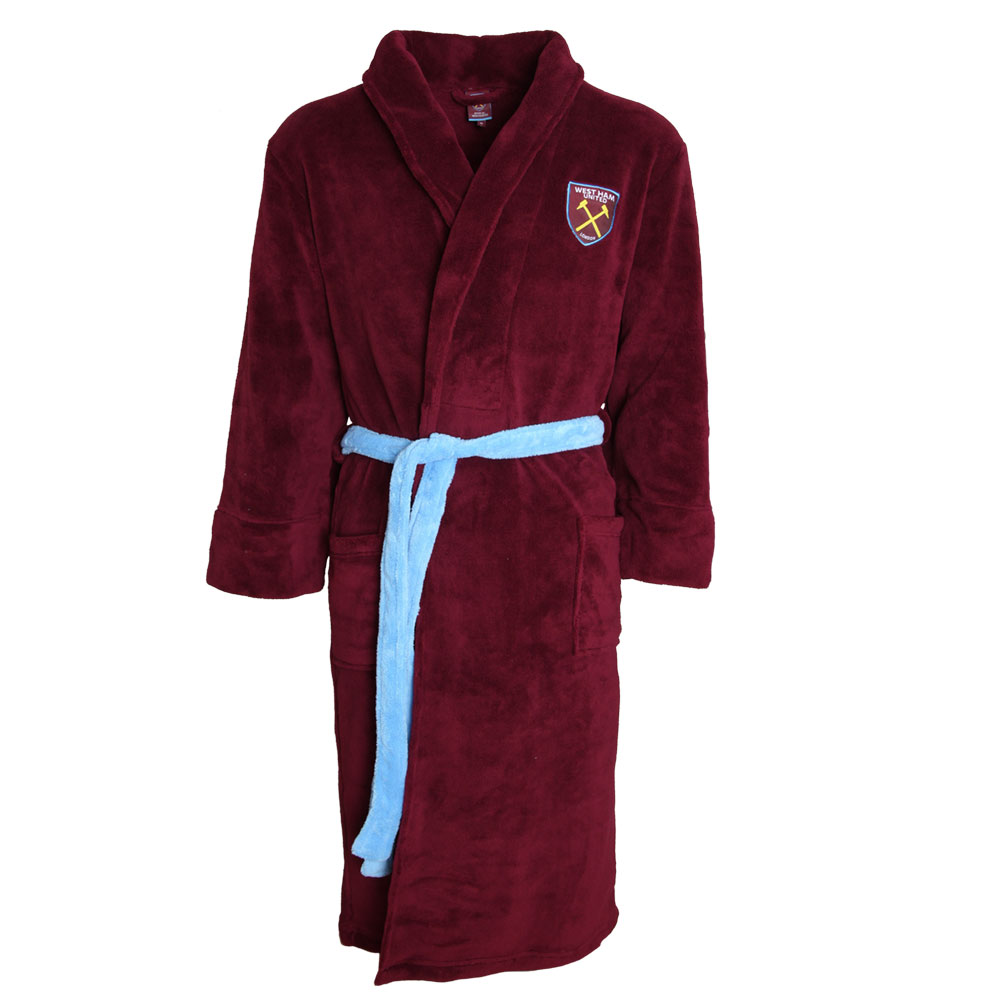 West Ham United FC Official Gift Mens Hooded Fleece Dressing Gown Robe