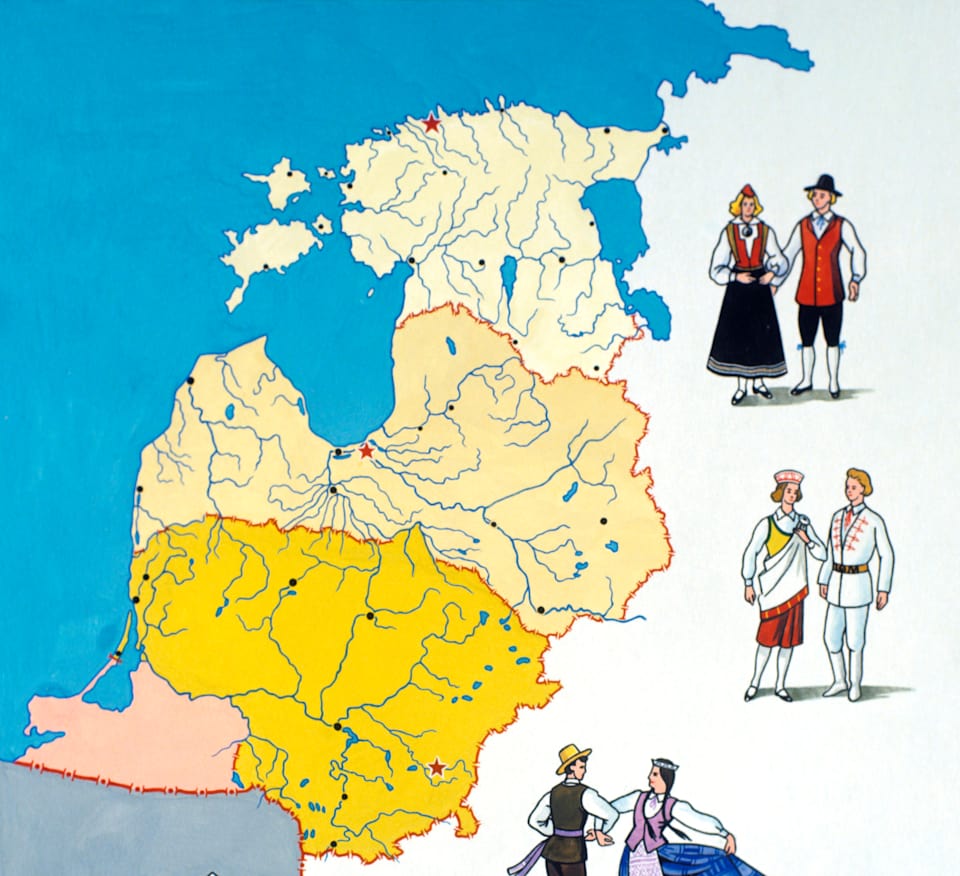 Mapa de los países del Báltico (Estonia, Letonia, Lituania, de arriba hacia abajo). El enclave ruso de Kaliningrado, en rojo abajo a la izquierda.