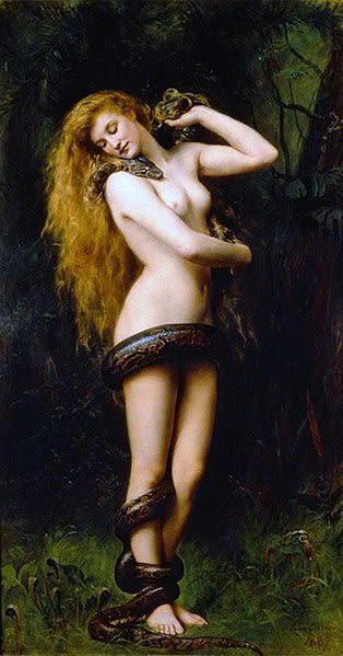 Lilith representa en todas las culturas en las que aparece, la seducción, el poder de la figura femenina, la maldad y la venganza. En la fotografía se presenta la obra "Lilith" por John Collier (1892), en la cual la muestra abrazando a una serpiente, que es para la religión católica el símbolo del pecado.