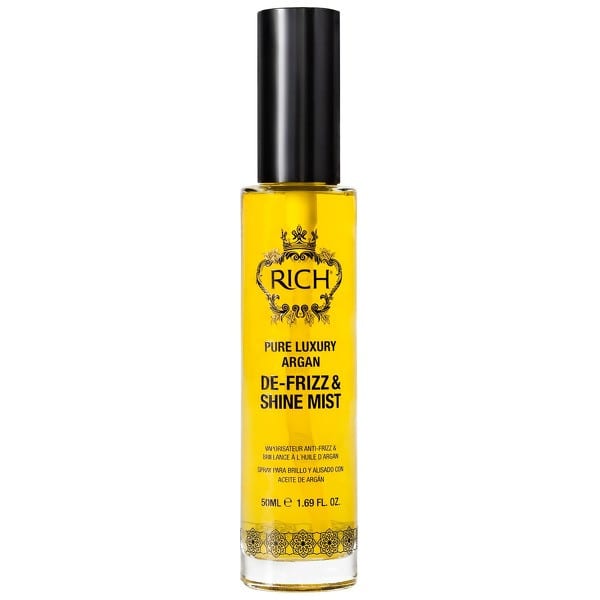 RICH Pure Luxury Argan De-Frizz & Shine Mist 50ml This lightweight styling mist helps to moisturise, reduce frizz, protects against heat and UV damage nd adds shine! To use: spritz onto wet or dry hair and comb through before styling. With argan, almond and linseed oil.RRP: £13.90 allbeauty price: £8.45 