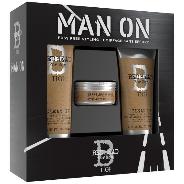 TIGI Bed Head Man On Gift Set A present your brother will actually appreciate, this TIGI Bed Head gift set contains three luxurious, full-sized TIGI products and is presented in a cool gift box. Set contains: TIGI Bed Head For Men Clean Up Daily Shampoo (250ml) for all hair types; TIGI Bed Head For Men Clean Up Peppermint Conditioner (200ml) to hydrates and thicken hair; and TIGI Bed Head For Men Matte Separation Workable Wax (85g) perfect for those looking to add extra texture and volume. RRP: £29.00 allbeauty price: £12.70 