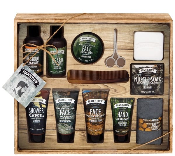 MAN'STUFF Mega Man Drawer The ultimate gift set full for the preppy gentletman, this set contains everything a man needs to look and feel great! Set contains: Shower Gel (95ml), Charcoal Face Wash (95ml), Face Moisturiser (95ml), Scrub Soap, Charcoal Face Scrub (60ml), Face Cloth, Beard Shampoo (100ml) Hair & Body Wash (100ml), Comb & Scissors, Hand Cream (50ml) and Muscle Soak Bath Salts (100g) - all presented in this stylish wooden box. RRP: £37.00 allbeauty price: £19.50 
