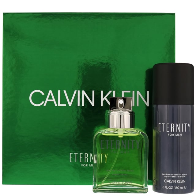 Calvin Klein Eternity Eau De Toilette 100ml Gift Set A classic fragrance in harmony with the spirit of today's man,  Eternity For Men  is sensitive yet masculine, strong yet refined. A distinctive expression of vitality and confidence, this signature scent is appropriate for all occasions. Ppening with refreshing green botanicals, it has an aromatic heart of sage and a warm, woodsy cedar base that lingers on the skin.With its pure lines accented by a silver cap, the bottle's design evokes the timeless ideals of romance with commitment. Set includes: eau de toilette spray (100ml), deodorant spray (150ml)RRP: £57.00 allbeauty Price: £44.95 