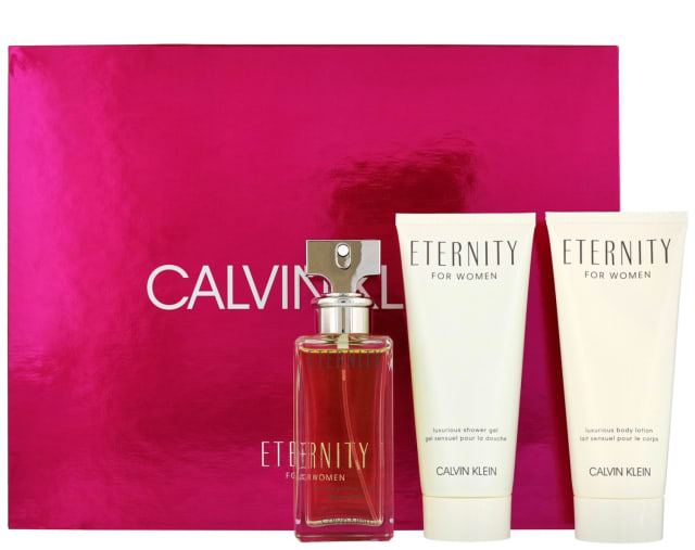 Calvin Klein Eternity Eau De Parfum 50ml Gift Set Inspired by a diamond wedding band inscribed with the single word: 'eternity', this modern floral fragrance is Calvin Klein's tribute to enduring romance. A timeless and luxurious blend of floral, citrus and soft woody notes, this signature scent opens with notes of mandarin and freesia, lily of the valley, violet and spicy carnation. Romantic down to the last detail, the bottle's silver accents symbolise enduring affection, while the white and silver box evokes purity of heart. Set includes eau de parfum (50ml), body lotion (100ml) and shower gel (100ml).RRP: £50.00 allbeauty Price: £34.95 