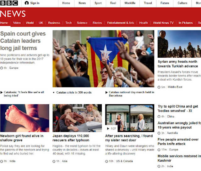 La televisió pública britànica, seguida a tot el món, destaca com a tema principal que el Suprem decreta "llargues condemnes de presó" als líders catalans. "Els líders catalans reben sentències de presó per sedició",  apunta la BBC  en la mateixa notícia en què preveu "mobilitzacions civils massives".