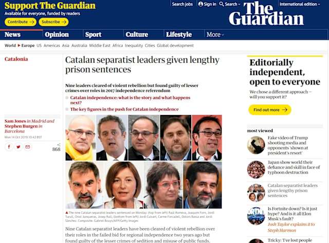 El britànic  The Guardian , referent de l'opinió progressista del Regne Unit, també porta la notícia en portada i destaca que als líders independentistes finalment no els han atribuït una "rebel·lió violenta", però sí "delictes menors" pel seu paper en el referèndum de l'1-O. Valora que  les penes de presó són "llargues" . 