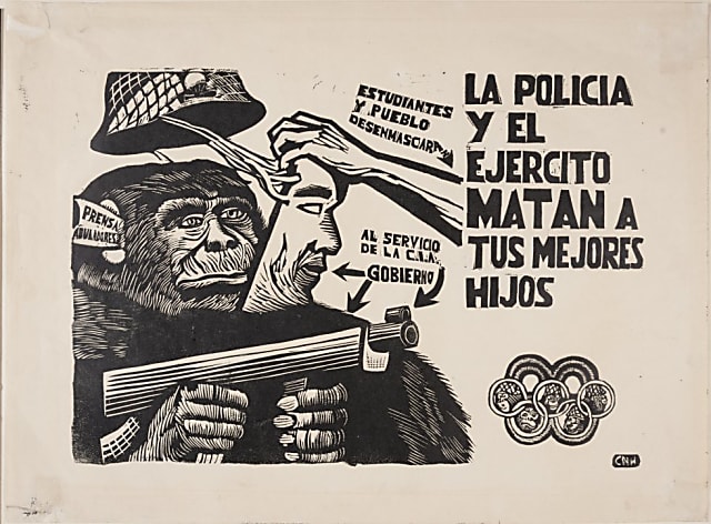 Cartel del movimiento estudiantil mexicano de 1968 donde se denuncia que la prensa está a favor del Gobierno y su exceso de fuerza. El arma también hace alusión a que el gobierno de Estados Unidos estaba detrás de la represión. 