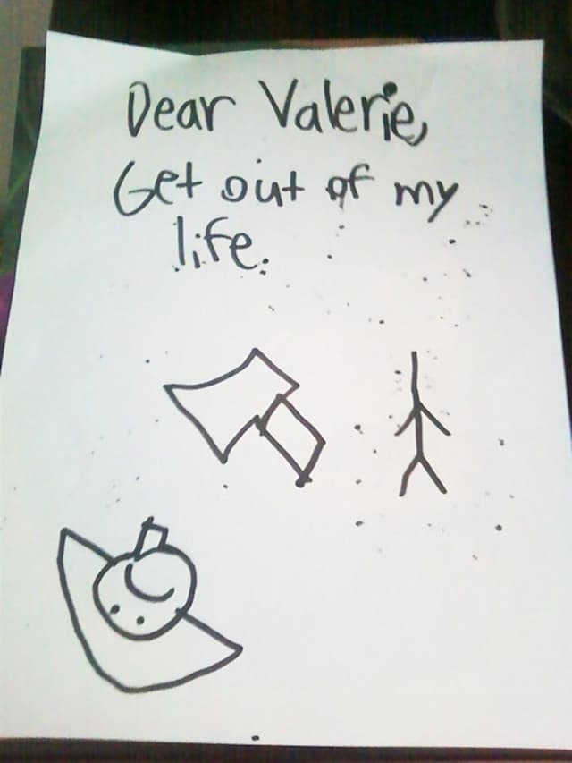 Apparently, Valerie is this kid's babysitter, and she found this in his room. Yikes.