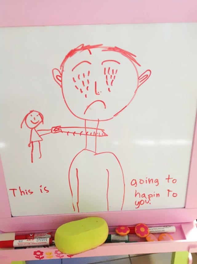 This is a drawing created by a six-year-old while in a fight with her father. Note that there's not an unless clause there. Not even a threatening "could," just the promise of sweet vengeance.