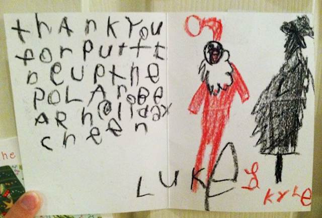 "Thank you for putting up the polar bear. Holiday cheer." Where is the polar bear?