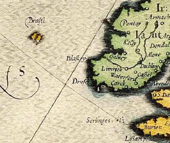 Ilha mitológica Hy-Brazil a oeste da Irlanda, em mapa de Mercator