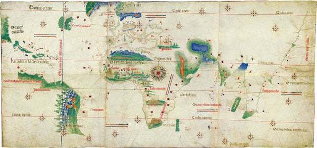 Mapa de Cantino, de 1502, mostrando a Linha de Tordesilhas (à esquerda)