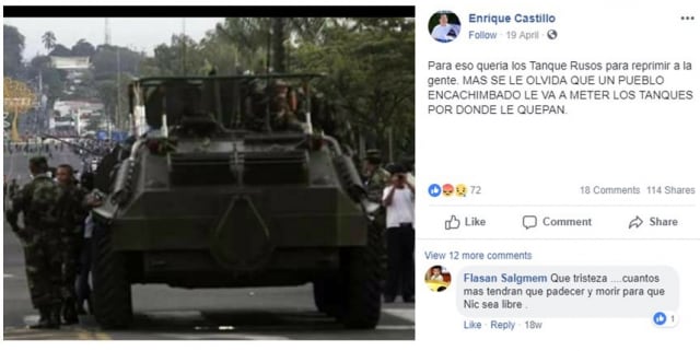 La participación del cuerpo militar fue uno de los puntos de mayor discusión en las redes sociales antes, durante y después de la crisis. Desde que el Ejército de Nicaragua pidió la renuncia inmediata del presidente Daniel Ortega o como que el Hospital Militar Escuela no estaba atendiendo a manifestantes heridos. Sin embargo, la misma institución se encargó de desmentir de forma reiterada los constantes rumores. En la imagen suministrada, se demuestra el grado del fake news, ya que la fotografía corresponde a un desfile militar acontecido un año anterior.