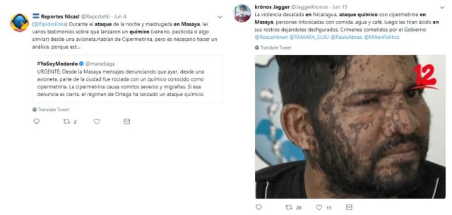 Entre el 03 y el 04 de junio, se difundió la información de que Masaya fue objeto de un presunto ataque químico, con avionetas y drones. Una noticia que se difundió en redes sociales e inmediatamente llamó la atención de medios nacionales e internacionales.Pese a las acusaciones, el presunto ataque químico fue más un rumor que un hecho concreto de violencia estatal, como se presumía desde las redes sociales, ya que el supuesto incidente no fue corroborado, ni se retomó días después por algún actor político de oposición al Gobierno.