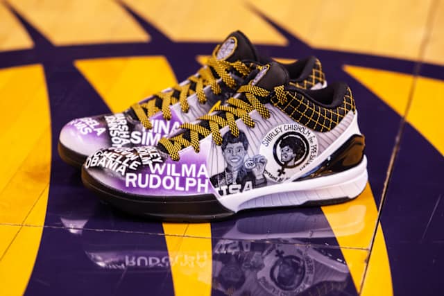 For All-Defensive team mainstay Briann January, a variety of impactful women, including Maya Angelou, Michelle Obama and Wilma Rudolph, are highlighted along the purple toe box of her retro Kobe sneakers.Along the main panel, a portrait depicts Shirley Chisholm, who in 1968 became the first African American woman elected to the U.S. Congress. Four years later, she became the first woman to run for president in one of the two major parties, and January’s pair features Chisholm’s official presidential campaign artwork.“I’m, like, speechless right now,” January said upon receiving the shoes. “All these women, they were phenomenal in their own right. Through their own channels, they pushed for better.”