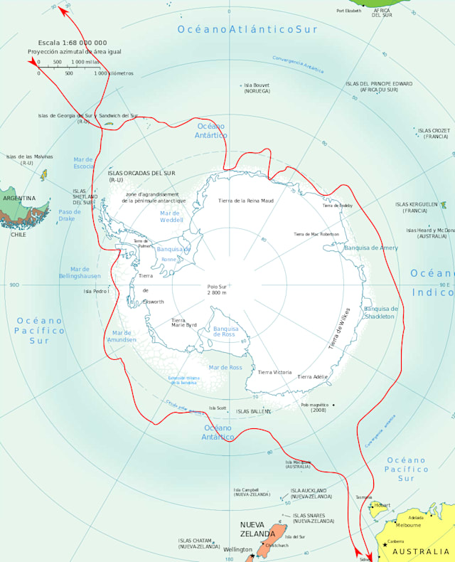 El mapa de la tura de la expedición rusa a la Antártida 