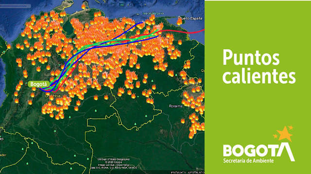 Debido a las altas temperaturas registradas en los últimos días, se han reportado varios puntos de incendios forestales en los Llanos Orientales, en parte de Cundinamarca, la Orinoquía y hasta en el país vecino de Venezuela. Lo notarás en el mapa de arriba o consultando la información en este mapa de incendios desarrollado por la NASA. Los incendios forestales emiten un humo que está hecho de una mezcla de gases y partículas finas que se producen cuando la leña de los árboles u otros materiales orgánicos se queman. Por tratarse de partículas finas, ingresan con facilidad a los pulmones y pueden producir molestias que van desde un simple lagrimeo hasta una enfermedad pulmonar o cardíaca crónica. 