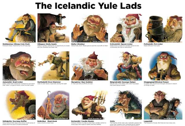 Unlike most countries that have a single Father Christmas / Santa Claus character, Icelandic children are fortunate enough to be visited by 13 Yule Lads. The Yule Lads are figures from Icelandic folklore who place gifts or rotting potatoes into shoes placed by children on window sills during the last thirteen nights before Christmas Eve.
